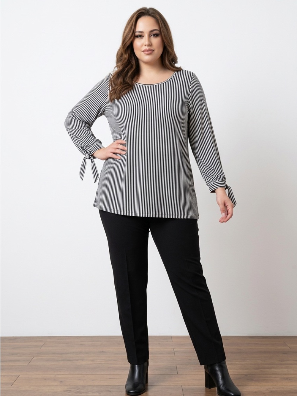 Max Studio Black and White Vertical Stripe Tie-Cuff Blouse